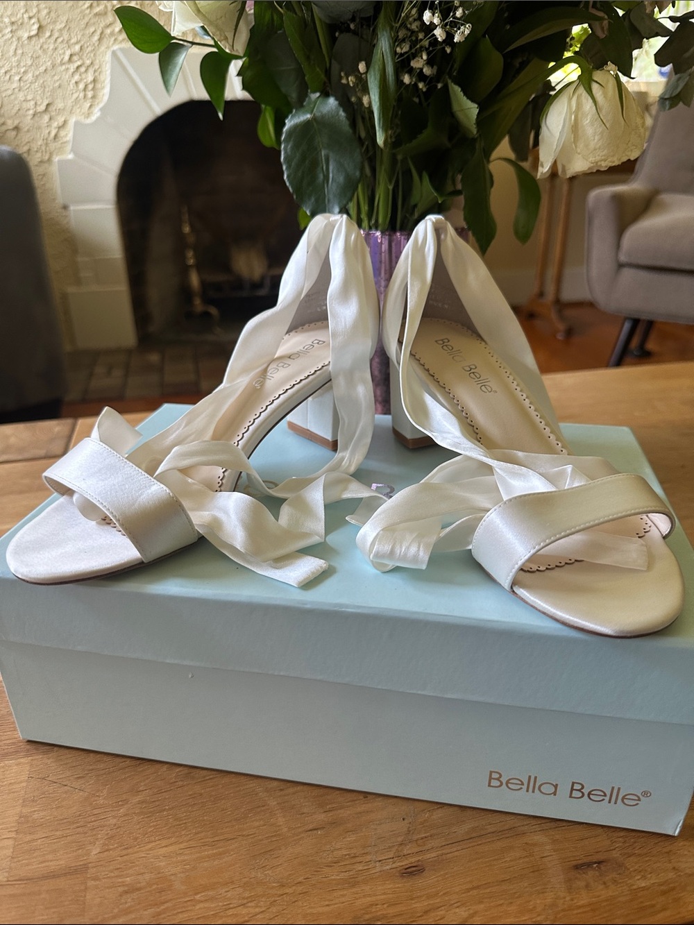 La Belle Ivory Satin Ankle-Tie Block Heel Sandals